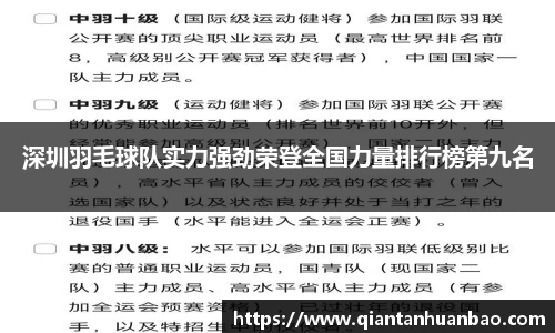 深圳羽毛球队实力强劲荣登全国力量排行榜第九名